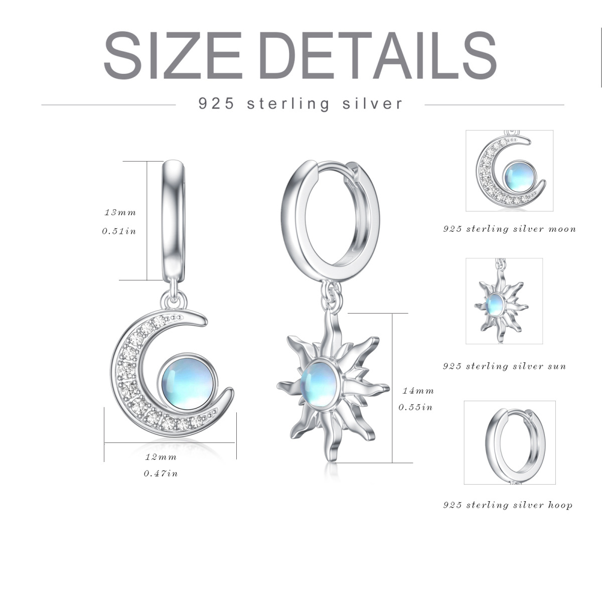 Sterling Silver Moonstone Moon & Sun Drop Earrings for Women Girls-6