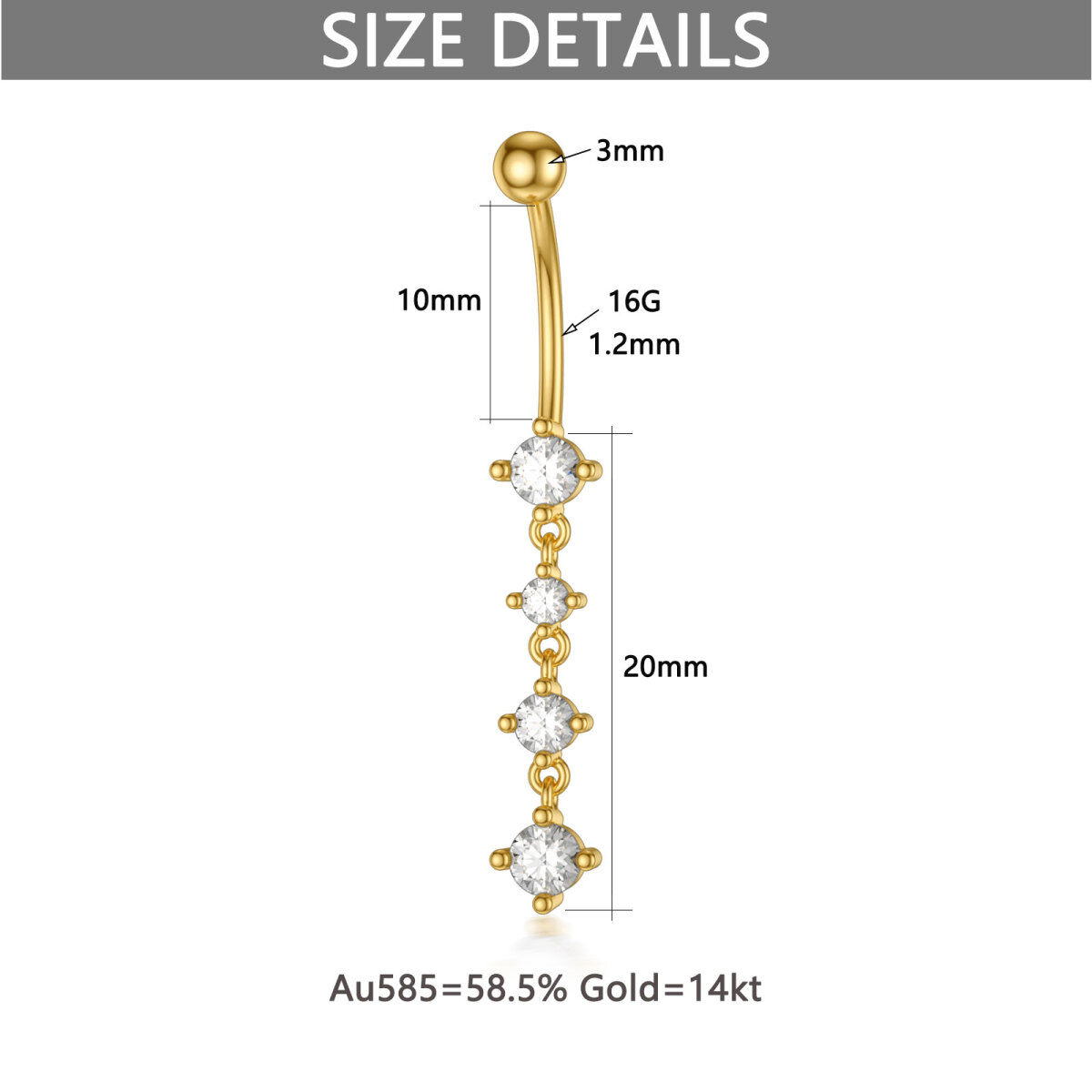Anillo de oro de 14 quilates con circonita cúbica redonda para el ombligo-6