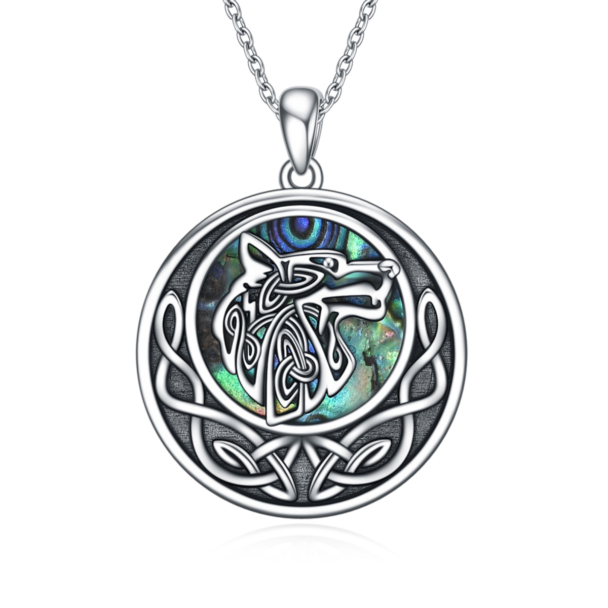 Sterling Silver Circular Shaped Abalone Shellfish Wolf & Celtic Knot Pendant Necklace-1