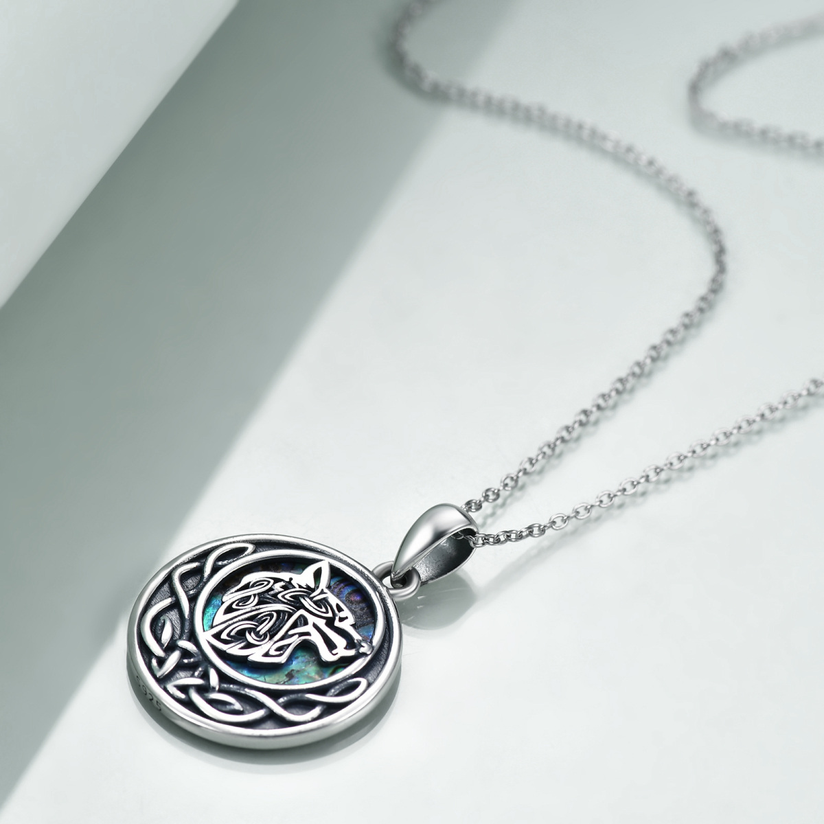 Sterling Silver Circular Shaped Abalone Shellfish Wolf & Celtic Knot Pendant Necklace-3