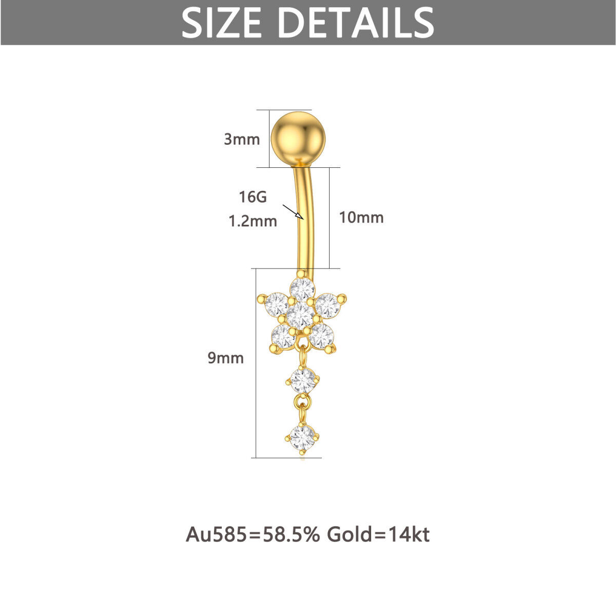 Anillo de oro de 14 quilates con circonita cúbica en forma de flor para el ombligo-6