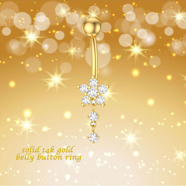 14K Gold Cubic Flower Shaped Zirconia Belly Button Ring-4