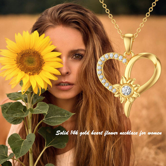 Colar de flores de coração em ouro amarelo 14K com zircônia cúbica, ideal para mulheres-5