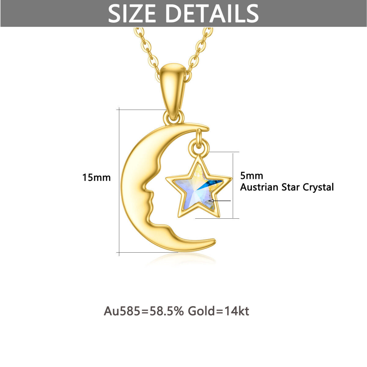 Collar Colgante Luna y Estrella Oro 14K Cristal-6