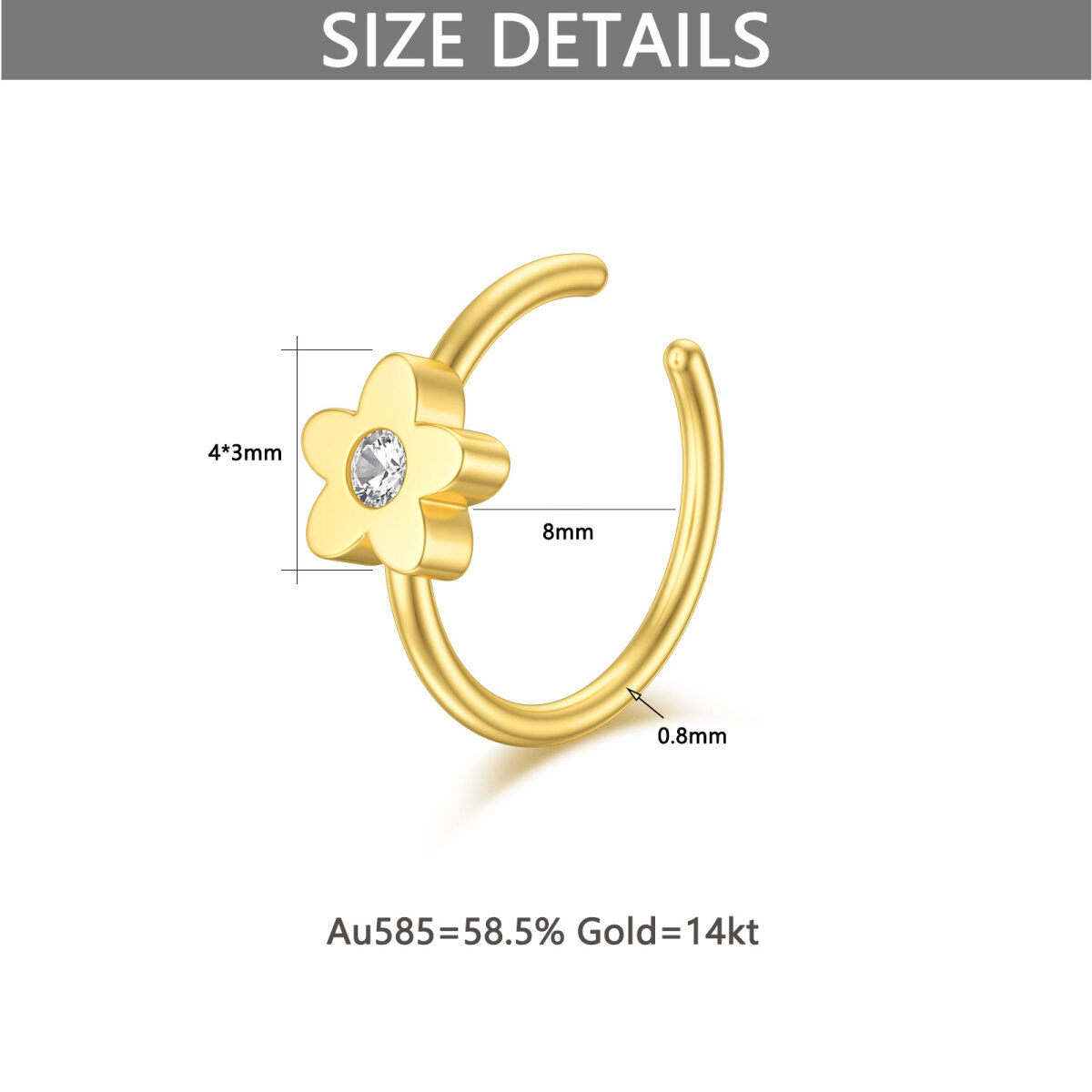 Anillo de oro de 14 quilates con circonita cúbica y flor de melocotón en la nariz-6