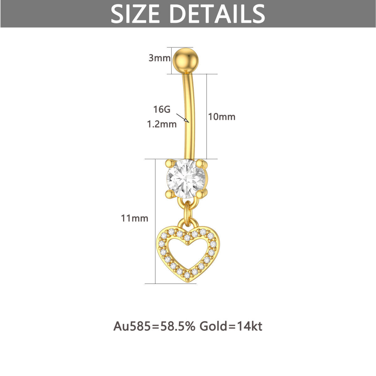 14K Gold Circular Shaped Cubic Zirconia Heart Belly Button Ring-6