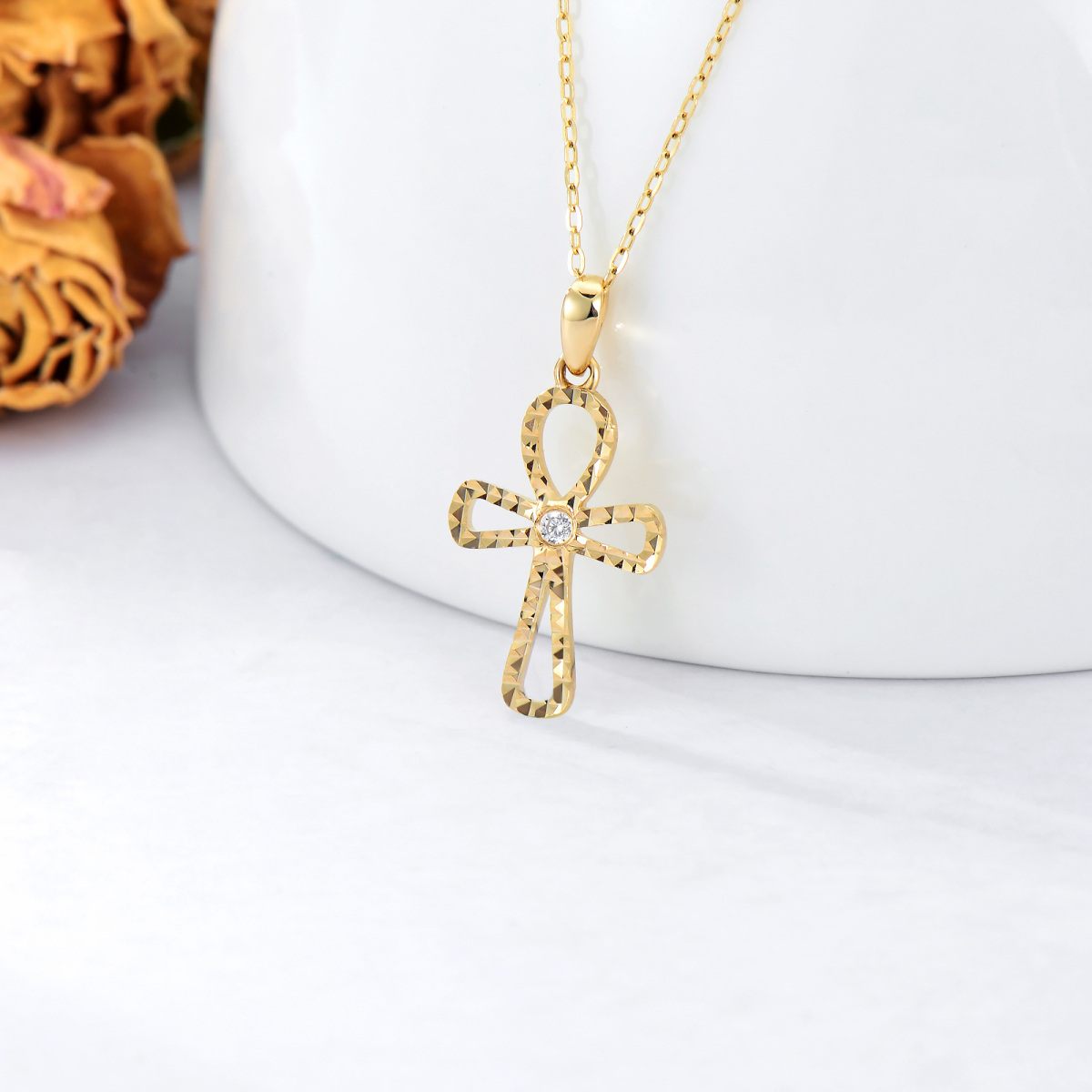 14K Gold Cubic Zirconia Cross Pendant Necklace-4