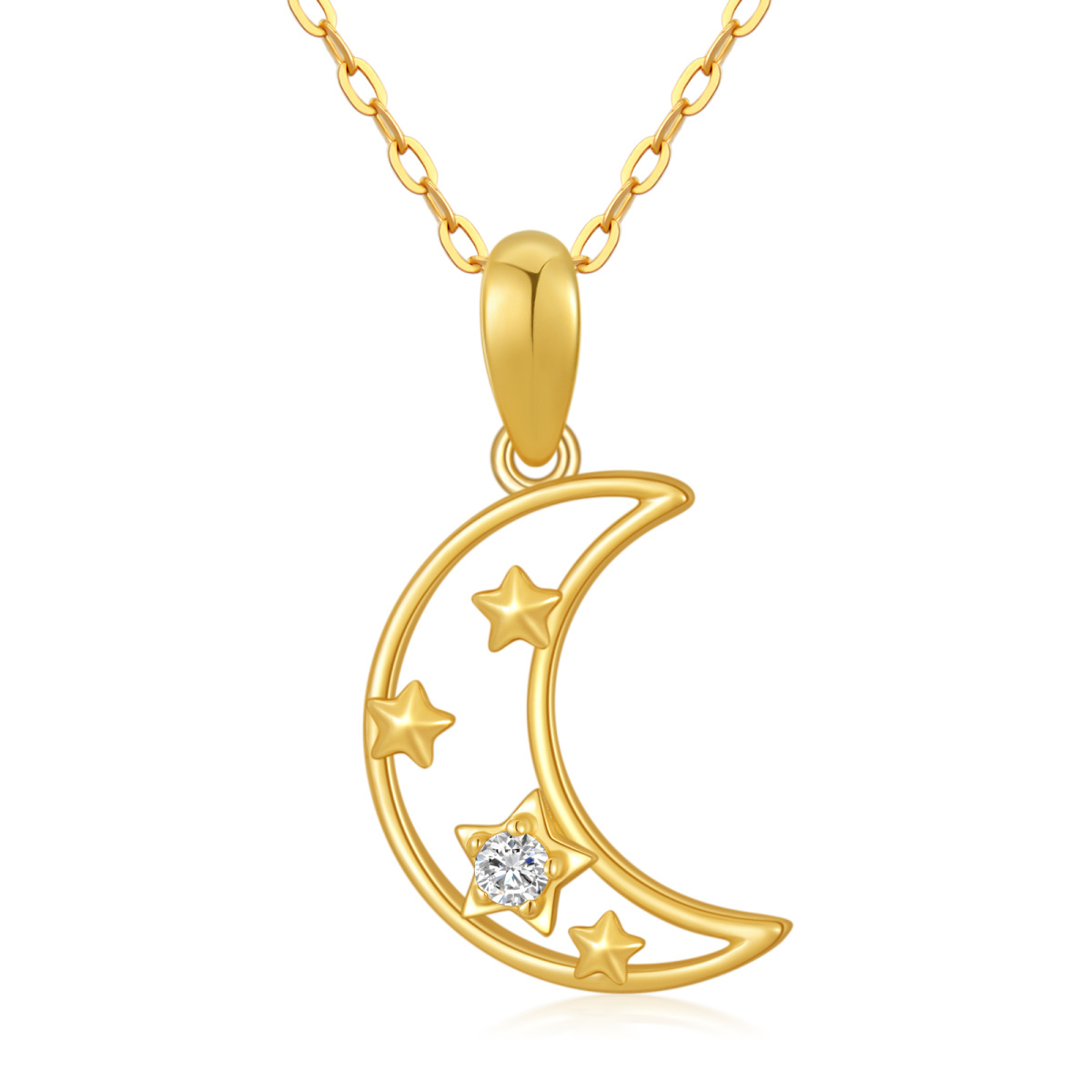 14K Gold Zircon Moon Pendant Necklace-1