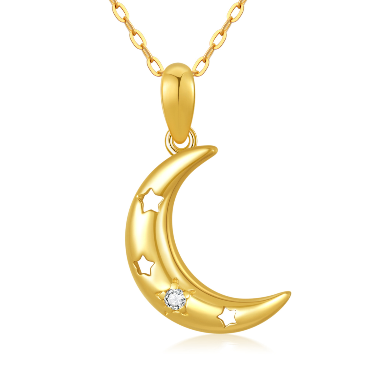 14K Yellow Gold Plated Cubic Zirconia Moon Pendant Necklace-1