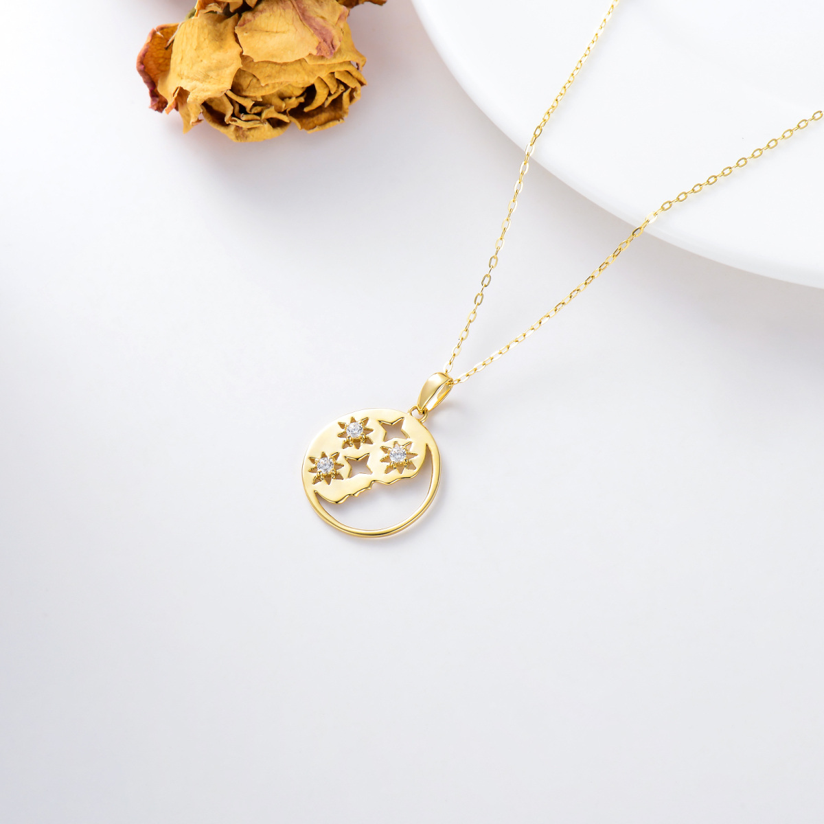 14K Gold Circular Shaped Cubic Zirconia Moon Pendant Necklace-4