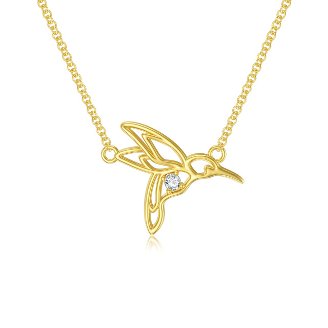 14K Gold Circular Shaped Cubic Zirconia Hummingbird Pendant Necklace-0