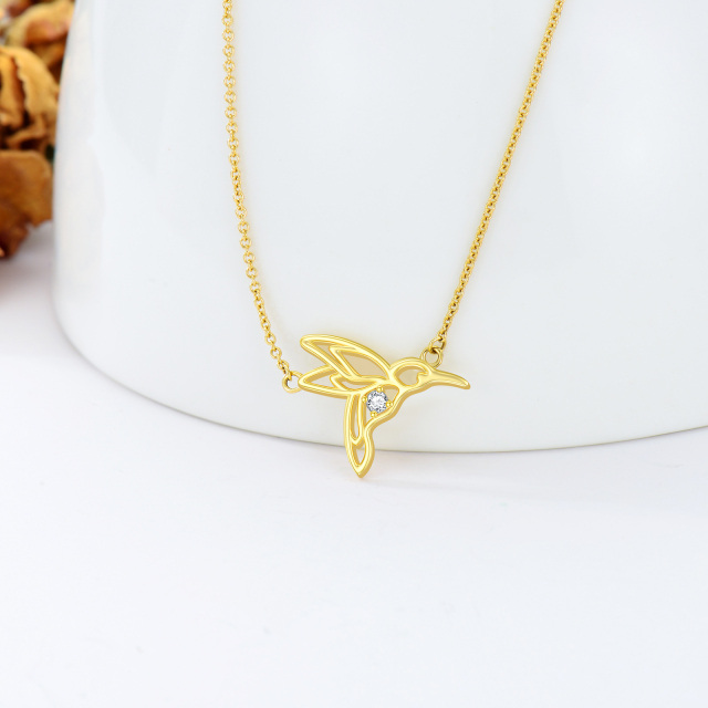 14K Gold Circular Shaped Cubic Zirconia Hummingbird Pendant Necklace-1