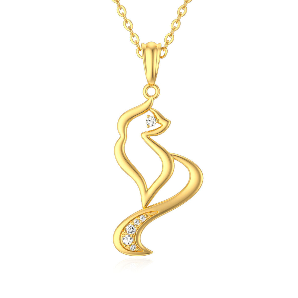 14K Gold Cubic Zirconia Cat Pendant Necklace-1