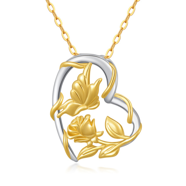 14K Silver & Gold Butterfly & Rose Pendant Necklace-5