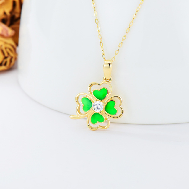 14K Gold Cubic Zirconia Four-leaf Clover Pendant Necklace-3