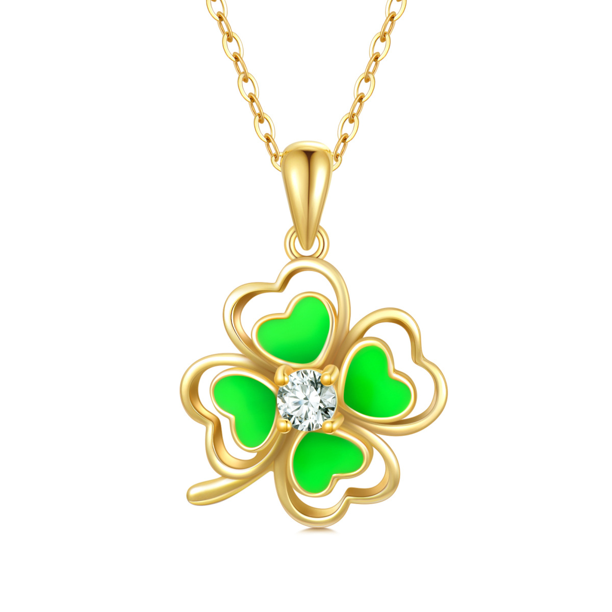 14K Gold Cubic Zirconia Four-leaf Clover Pendant Necklace-1