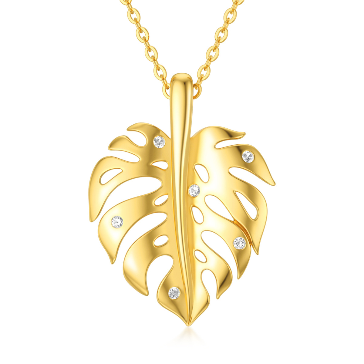 Collier à pendentif feuilles en or 14K à zircon cubique-1