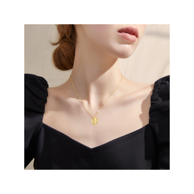 Collier à pendentif feuilles en or 14K à zircon cubique-1