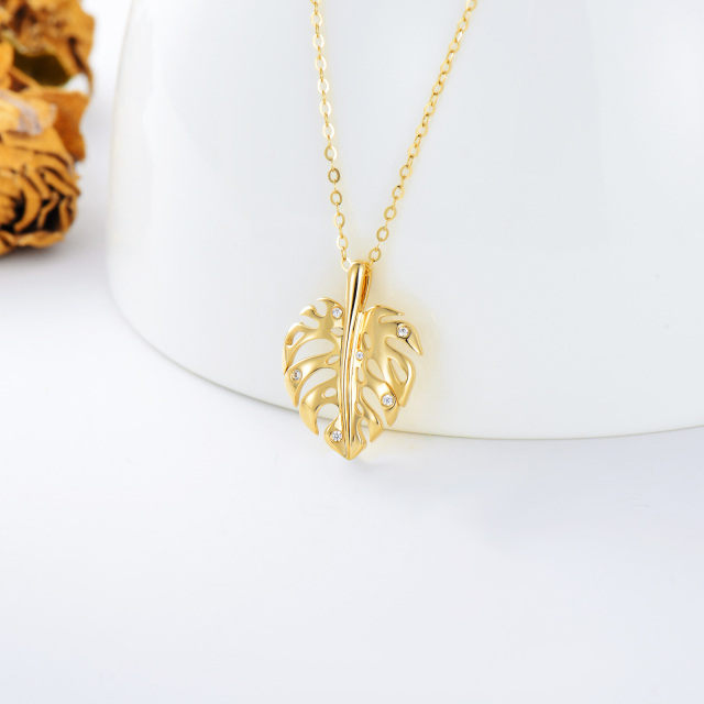 Collier à pendentif feuilles en or 14K à zircon cubique-2