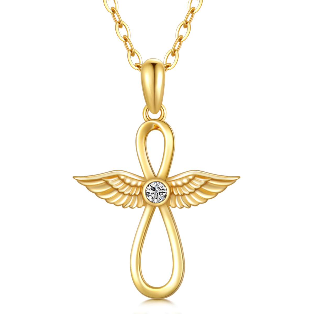 14K Gold Cubic Zirkonia Unendliches Symbol & Engelsflügel Anhänger Halskette-1