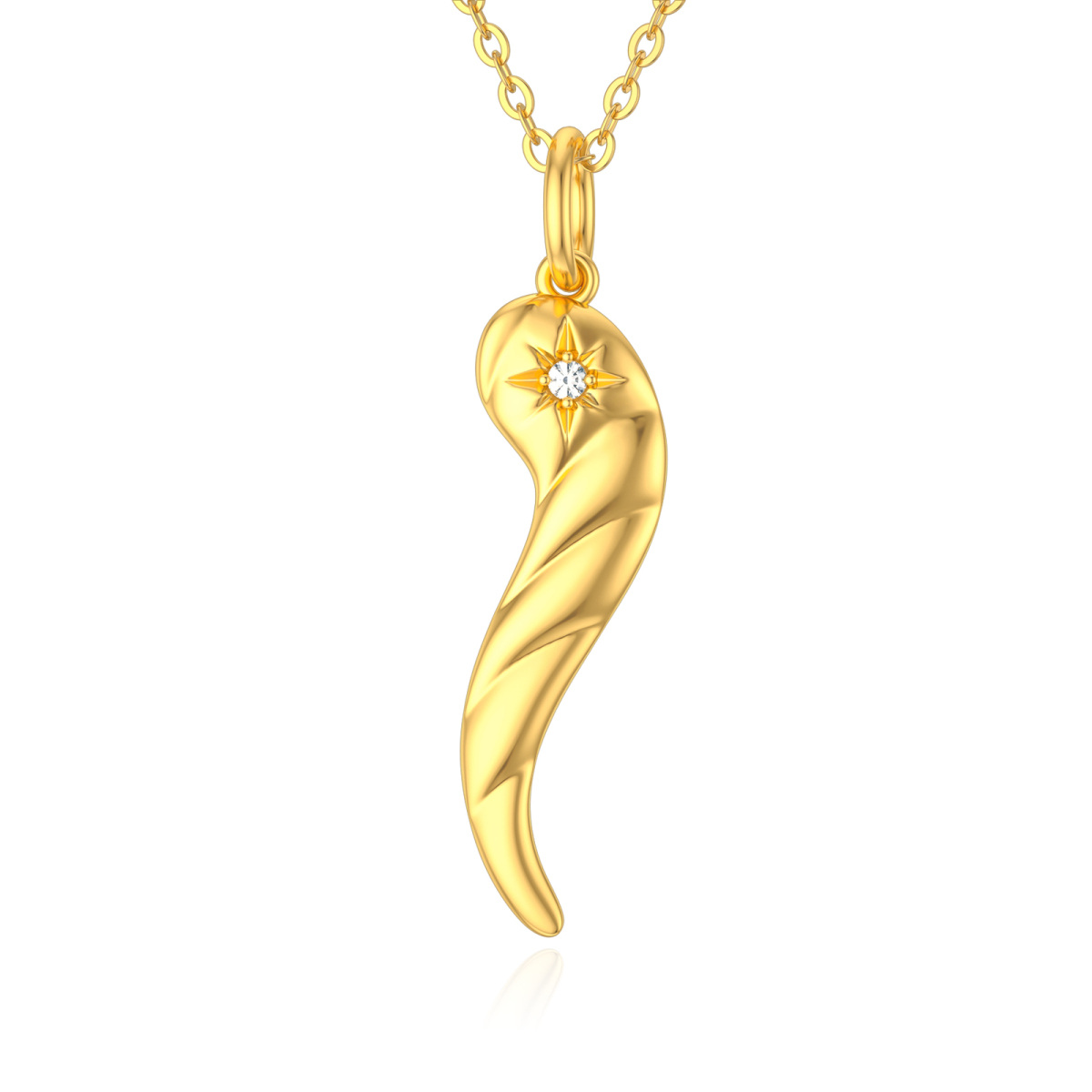 14K Gold Oval Shaped Cubic Zirconia Feather Pendant Necklace-1