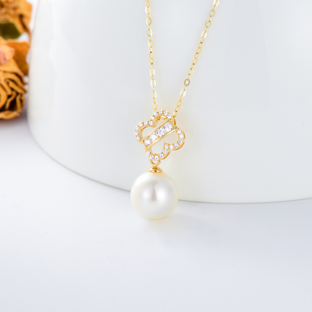 14K Gold Pearl Four-leaf Clover Pendant Necklace-4