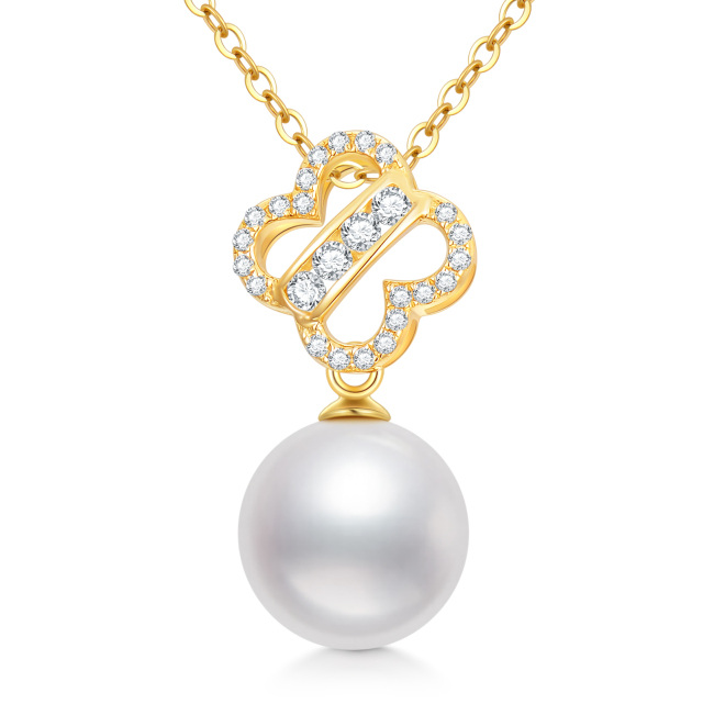 14K Gold Pearl Four-leaf Clover Pendant Necklace-0