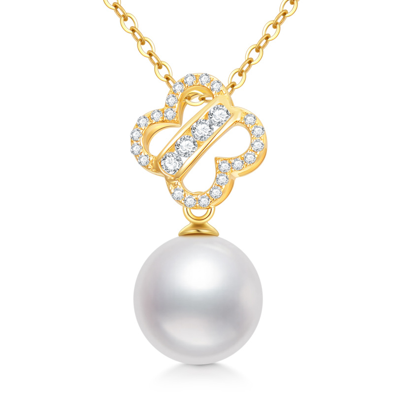 14K Gold Pearl Four-leaf Clover Pendant Necklace