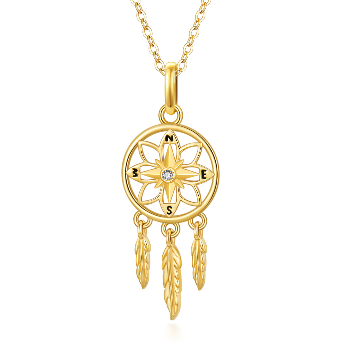 14K Gold Cubic Zirconia Dream Catcher Pendant Necklace-1