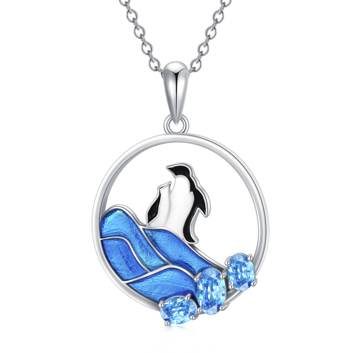 Sterling Silver Oval Shaped Crystal Penguin Pendant Necklace-1