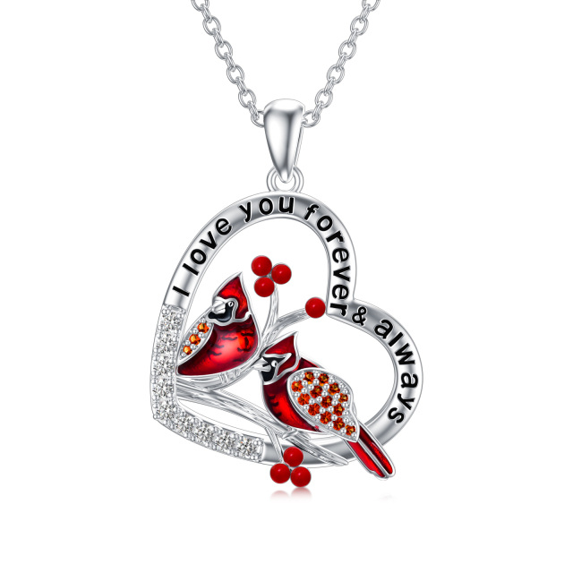 Sterling Silver Circular Shaped Cubic Zirconia Cardinal & Heart Pendant Necklace with Engraved Word-1