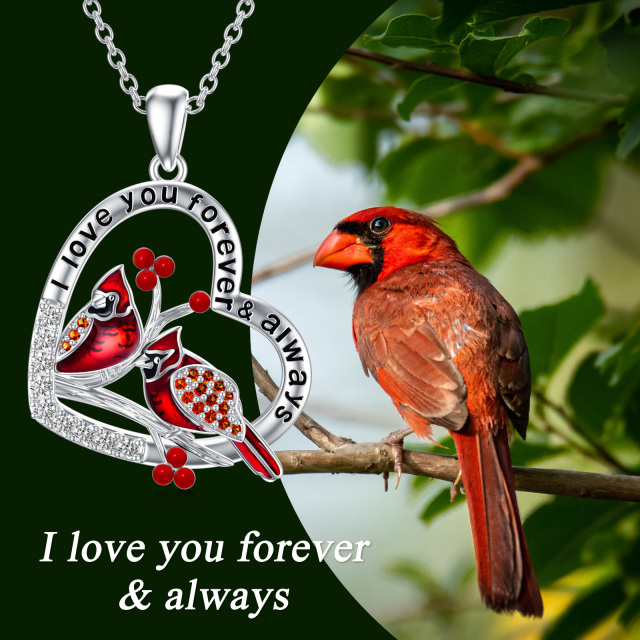 Sterling Silver Circular Shaped Cubic Zirconia Cardinal & Heart Pendant Necklace with Engraved Word-5