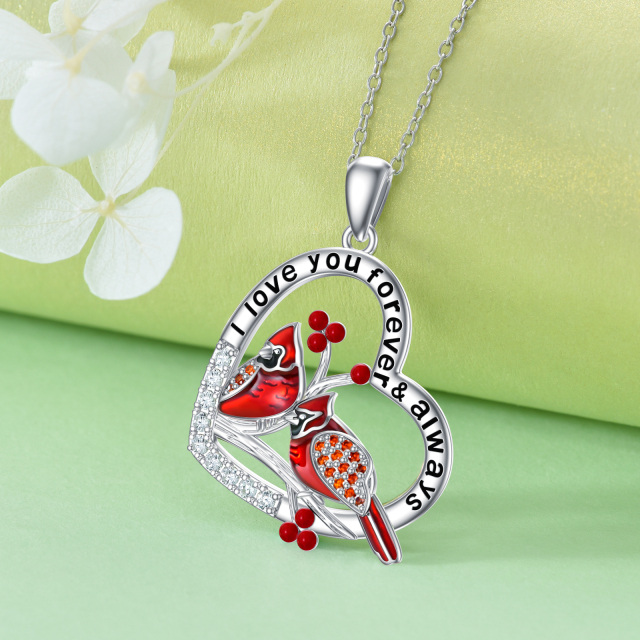 Sterling Silver Circular Shaped Cubic Zirconia Cardinal & Heart Pendant Necklace with Engraved Word-3