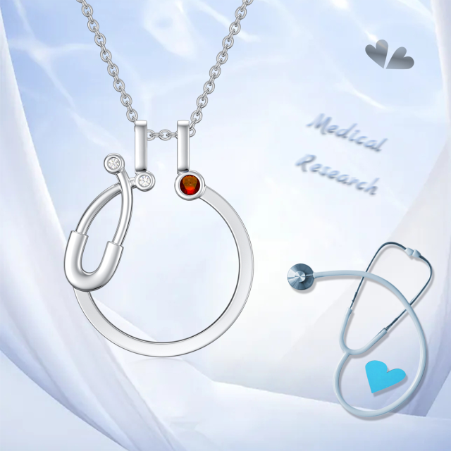 Sterling Silver Circular Shaped Cubic Zirconia Ring Holder & Stethoscope Pendant Necklace-2