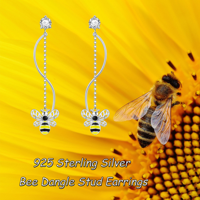 Sterling Silver Circular Shaped Cubic Zirconia Bees Drop Earrings-4