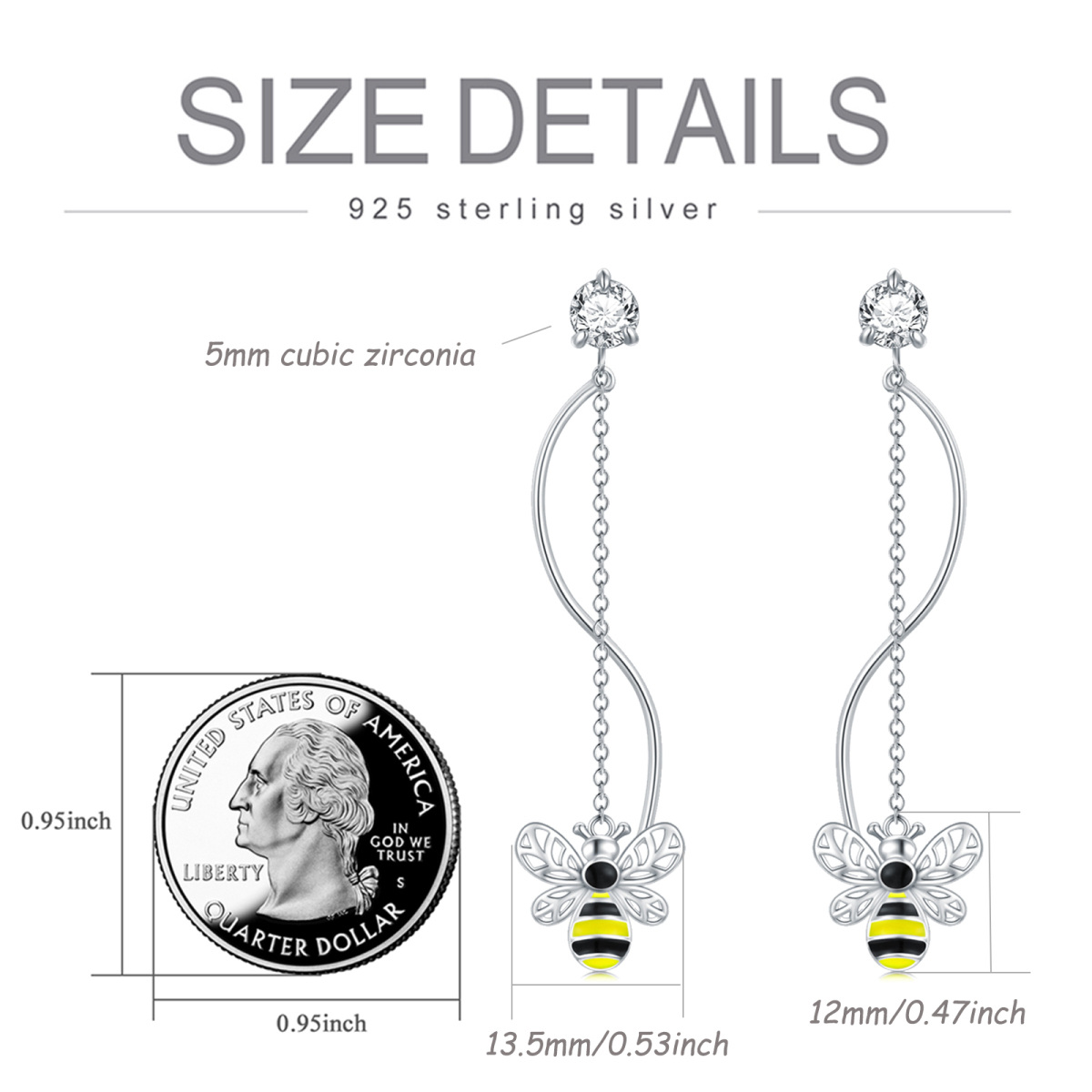 Sterling Silver Circular Shaped Cubic Zirconia Bees Drop Earrings-6