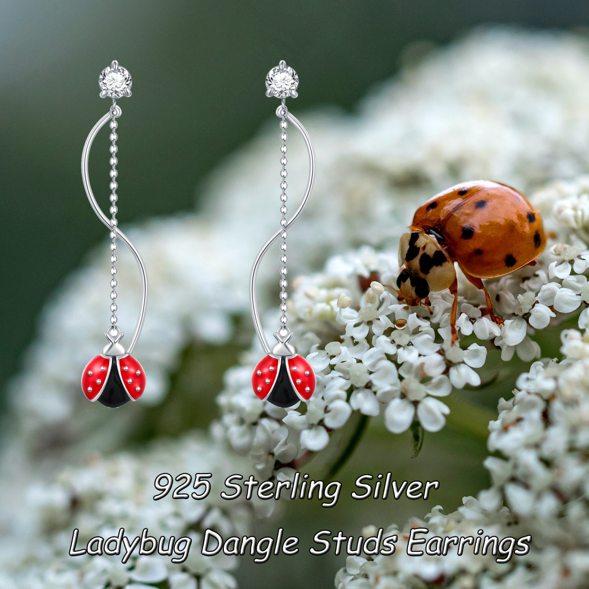 Sterling Silver Round Cubic Zirconia Ladybug Drop Earrings-6