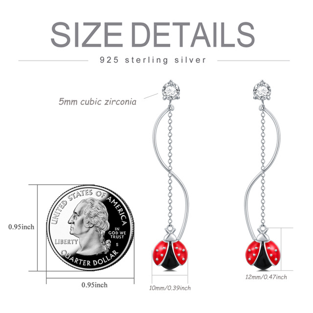 Sterling Silver Round Cubic Zirconia Ladybug Drop Earrings-4