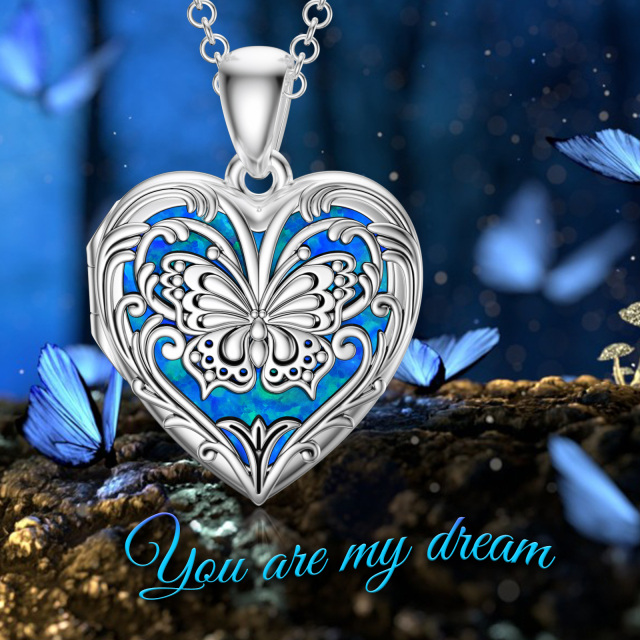Sterling Silver Butterfly Heart Shaped Blue Opal Personalized Photo Locket Necklace-4