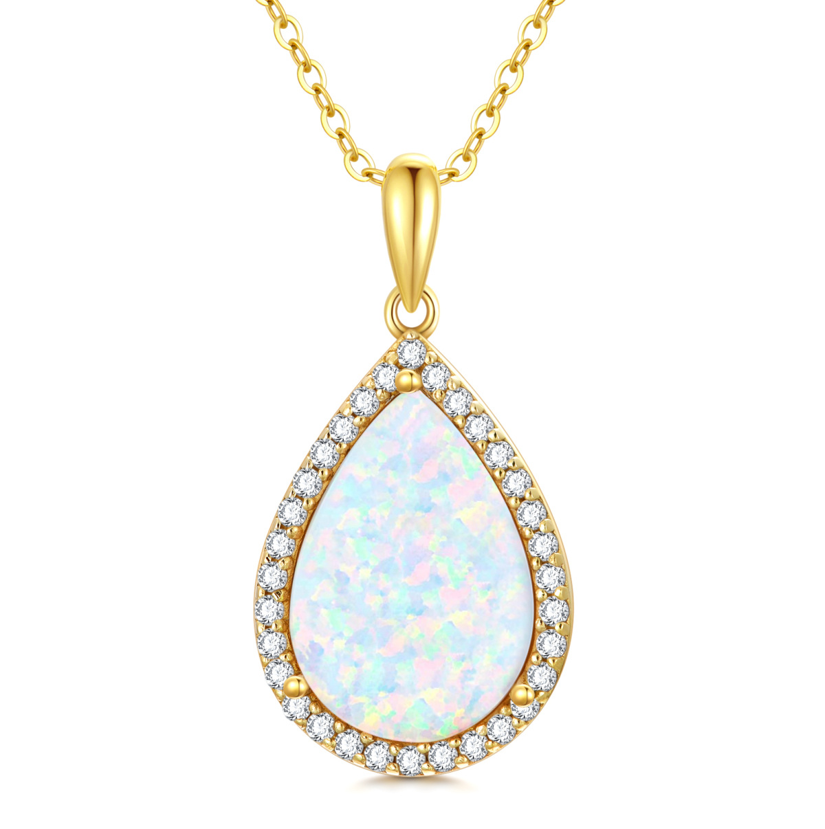 14K Gold Cubic Zirconia & Opal Drop Shape Pendant Necklace-1