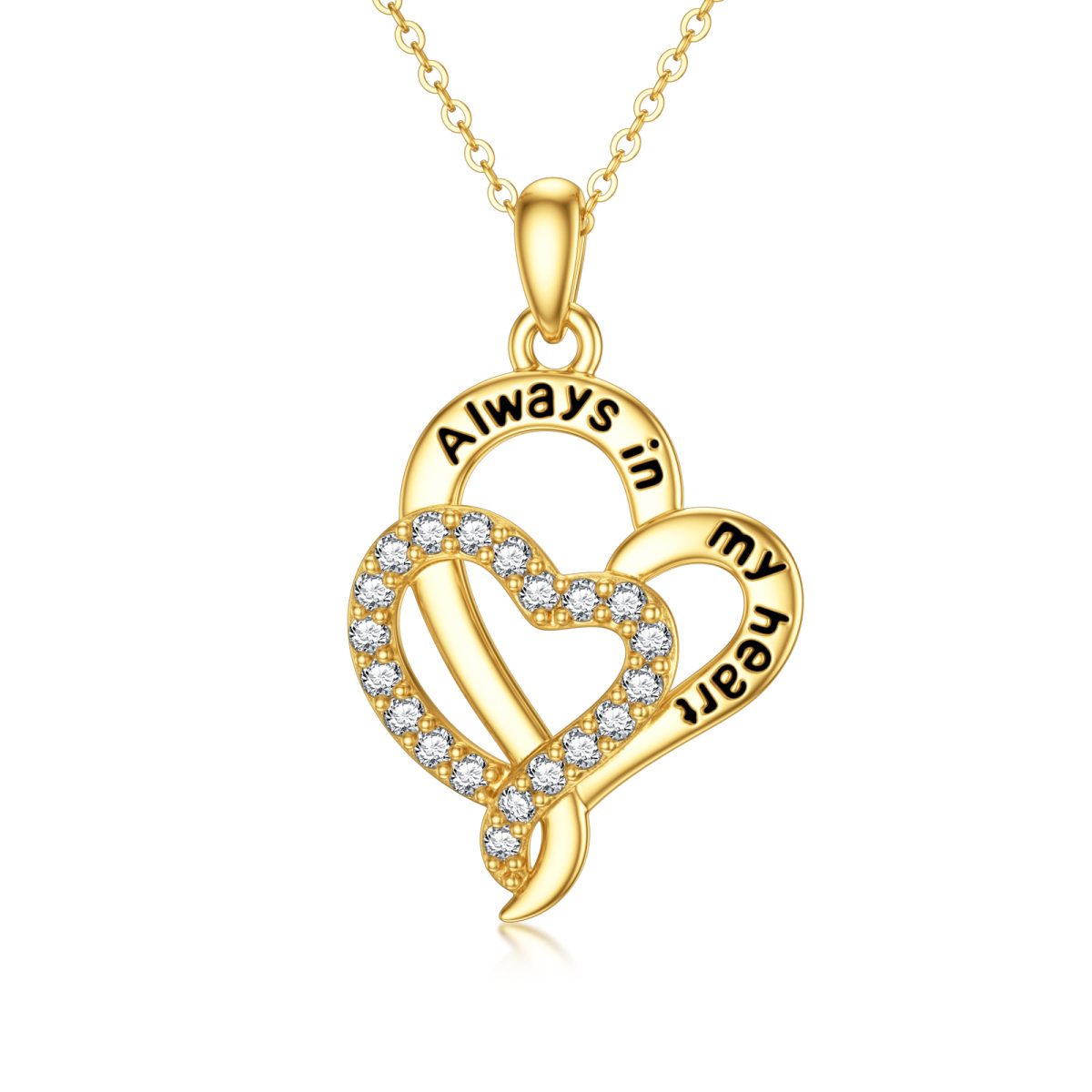 14K Gold Circular Shaped Cubic Zirconia Pendant Necklace with Engraved Word-1