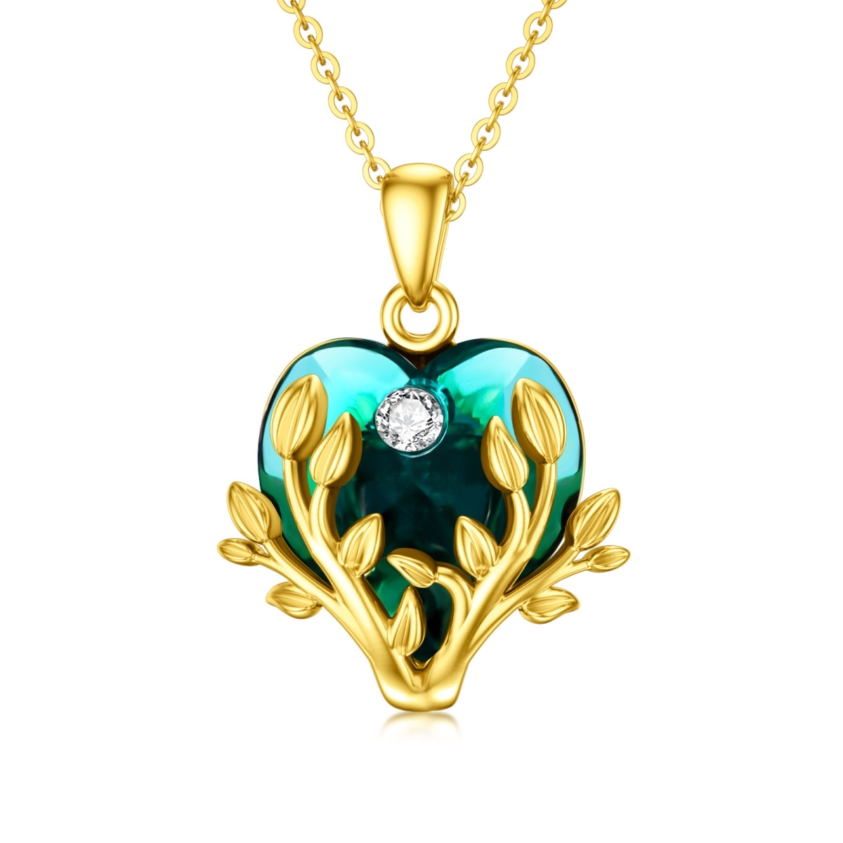 Halskette mit Lebensbaum-Anhänger aus 9 Karat Gold in Herzform mit Kristall-1