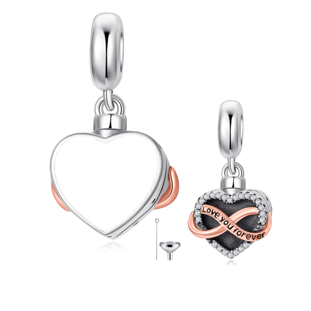 Sterling Silver Two-tone Circular Shaped Cubic Zirconia Personalized Photo & Heart Dangle Charm with Engraved Word-3
