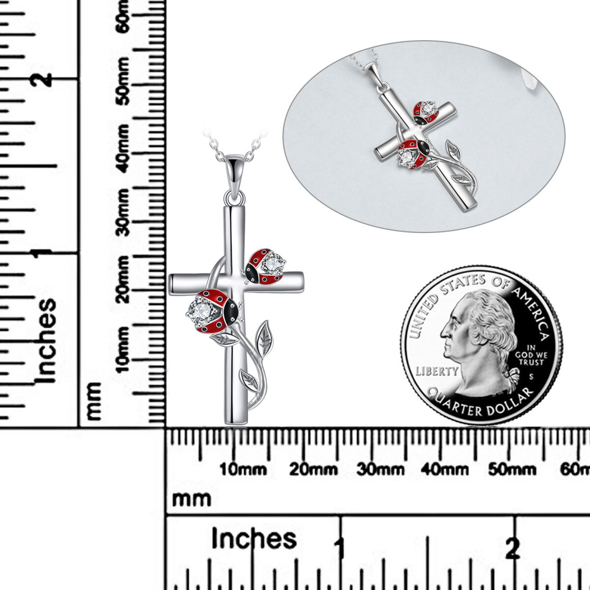 Sterling Silver Cubic Zirconia Ladybug & Cross Pendant Necklace-6