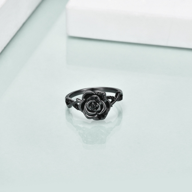 Sterling Silver with Black Rhodium Cubic Zirconia Rose Ring-4