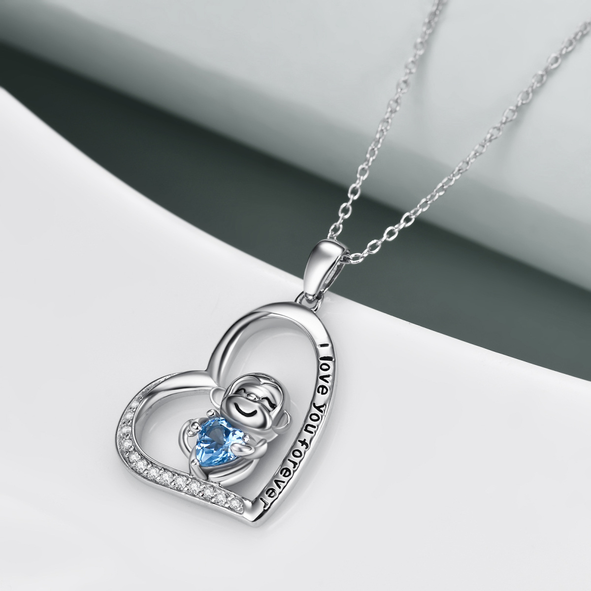 Sterling Silver Circular Shaped & Heart Shaped Zircon Monkey & Heart Pendant Necklace with Engraved Word-4