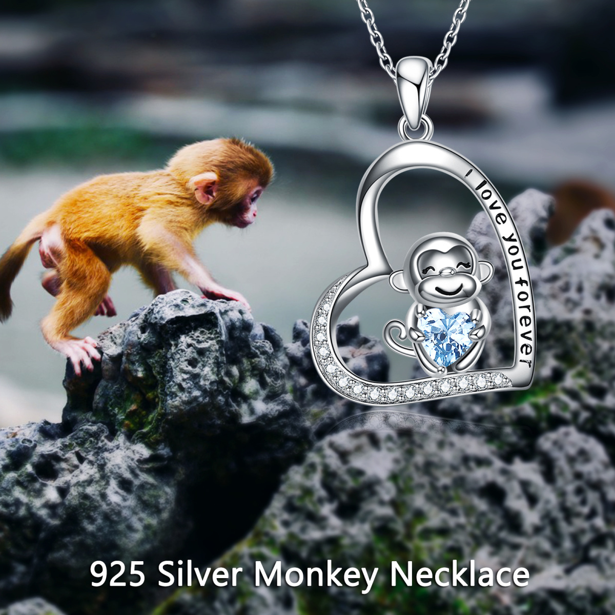 Sterling Silver Circular Shaped & Heart Shaped Zircon Monkey & Heart Pendant Necklace with Engraved Word-6