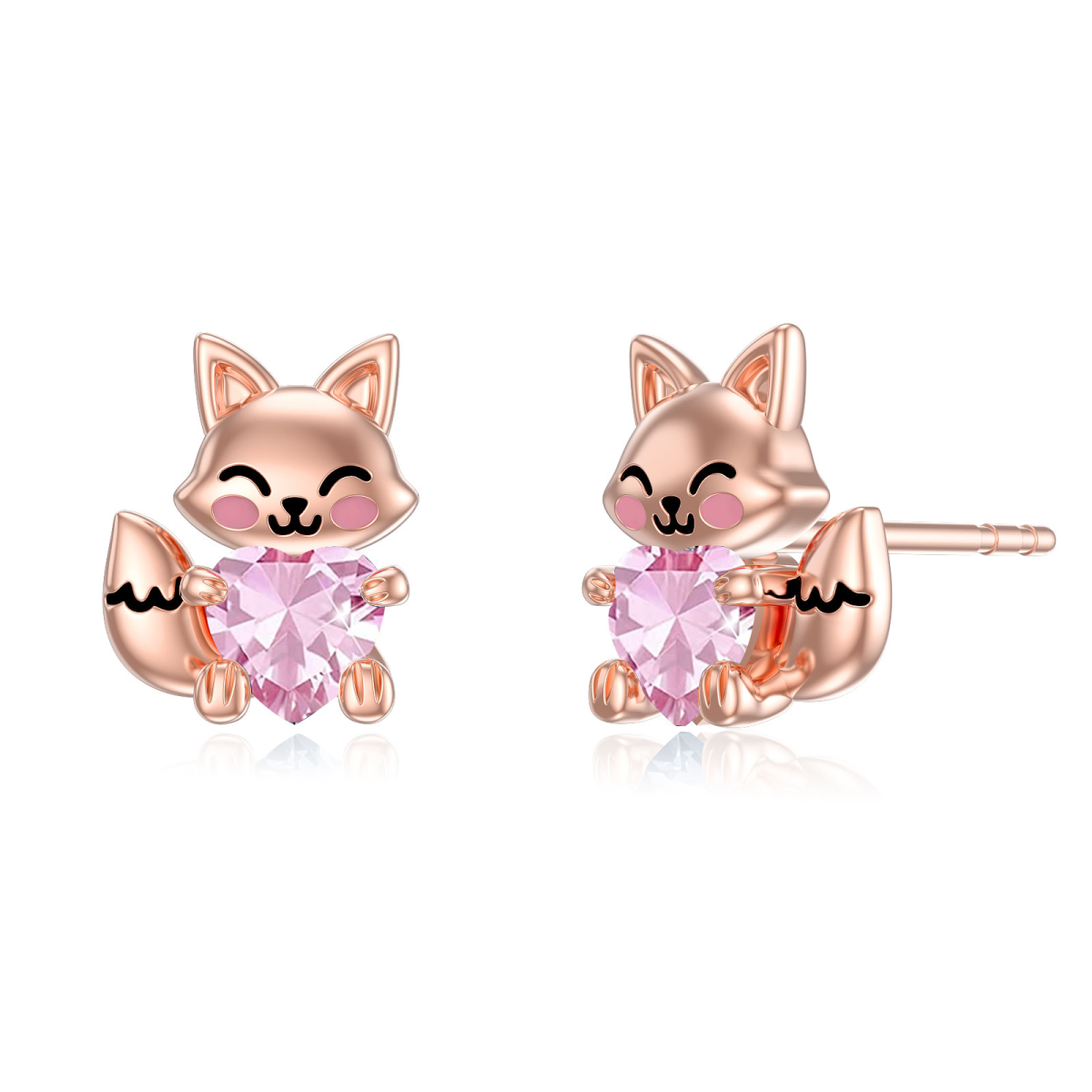 Sterling Silver with Rose Gold Plated Heart Shaped Cubic Zirconia Fox Stud Earrings-1