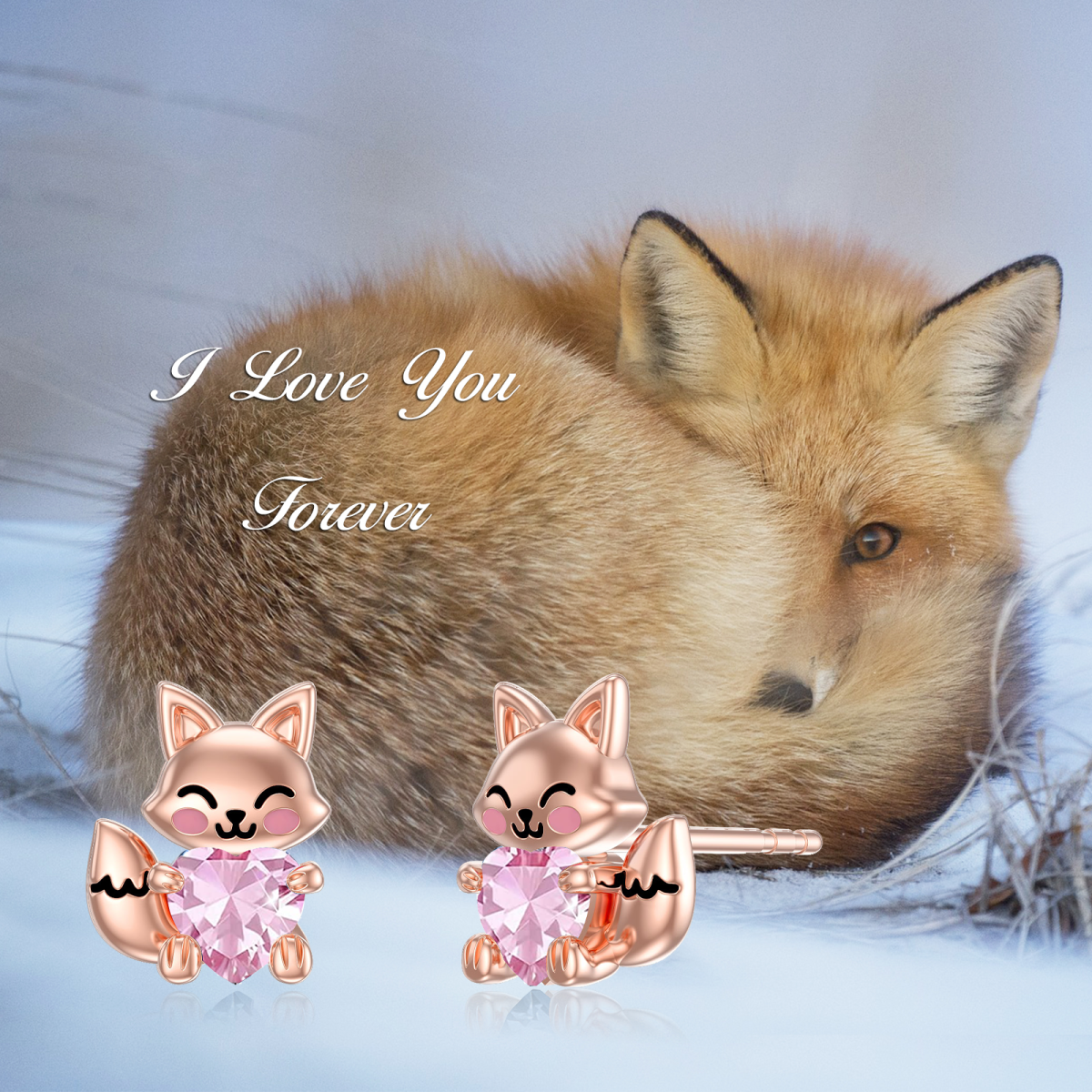 Sterling Silver with Rose Gold Plated Heart Shaped Cubic Zirconia Fox Stud Earrings-3