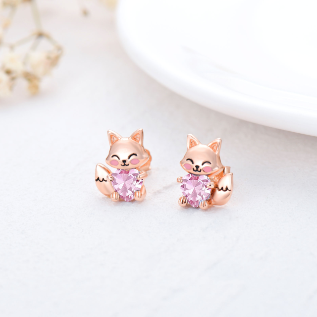 Sterling Silver with Rose Gold Plated Heart Shaped Cubic Zirconia Fox Stud Earrings-4